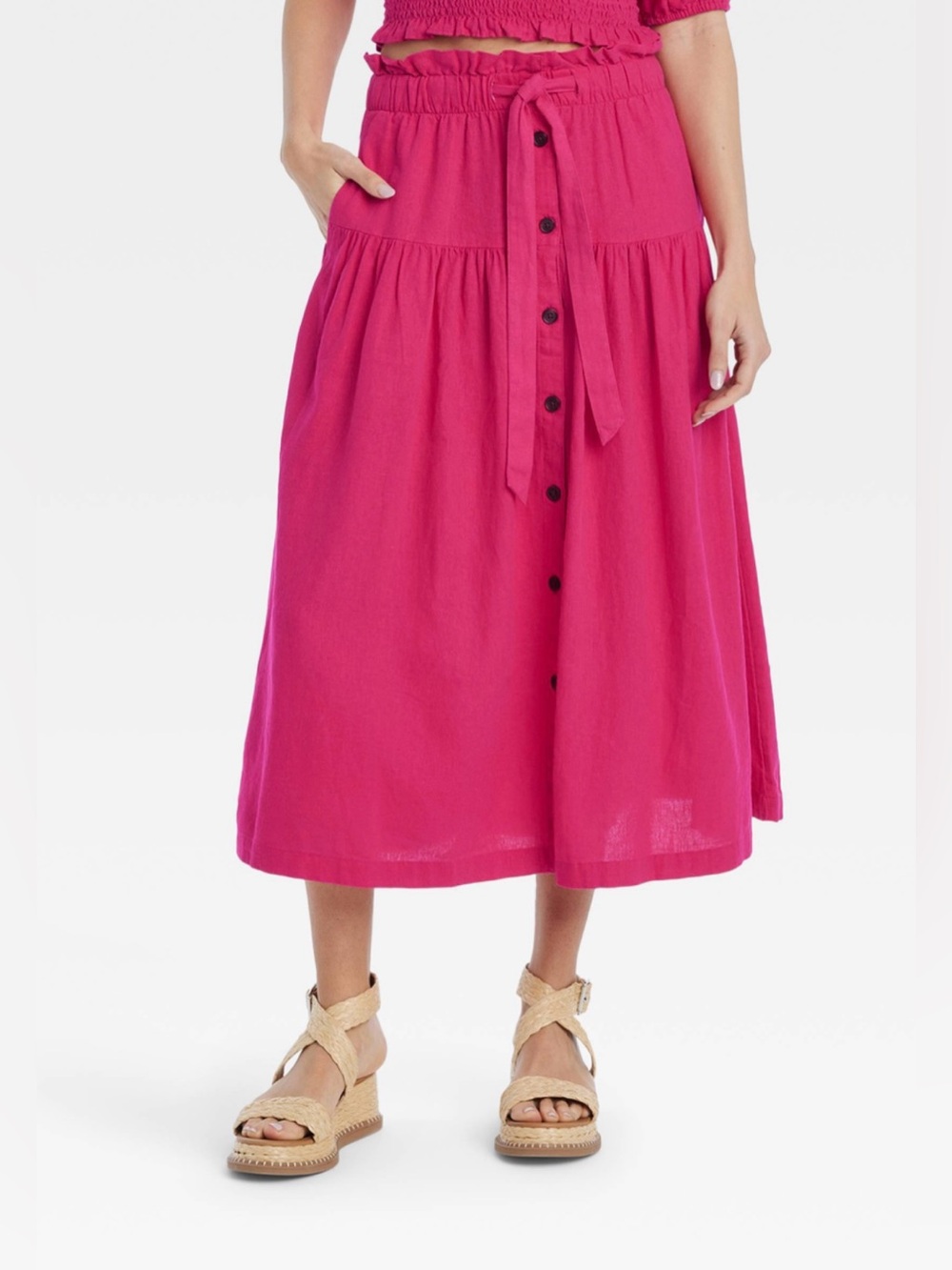 Universal Thread Linen Blend Tie Waist Button Front Midi Skirt Hot Pink Size S